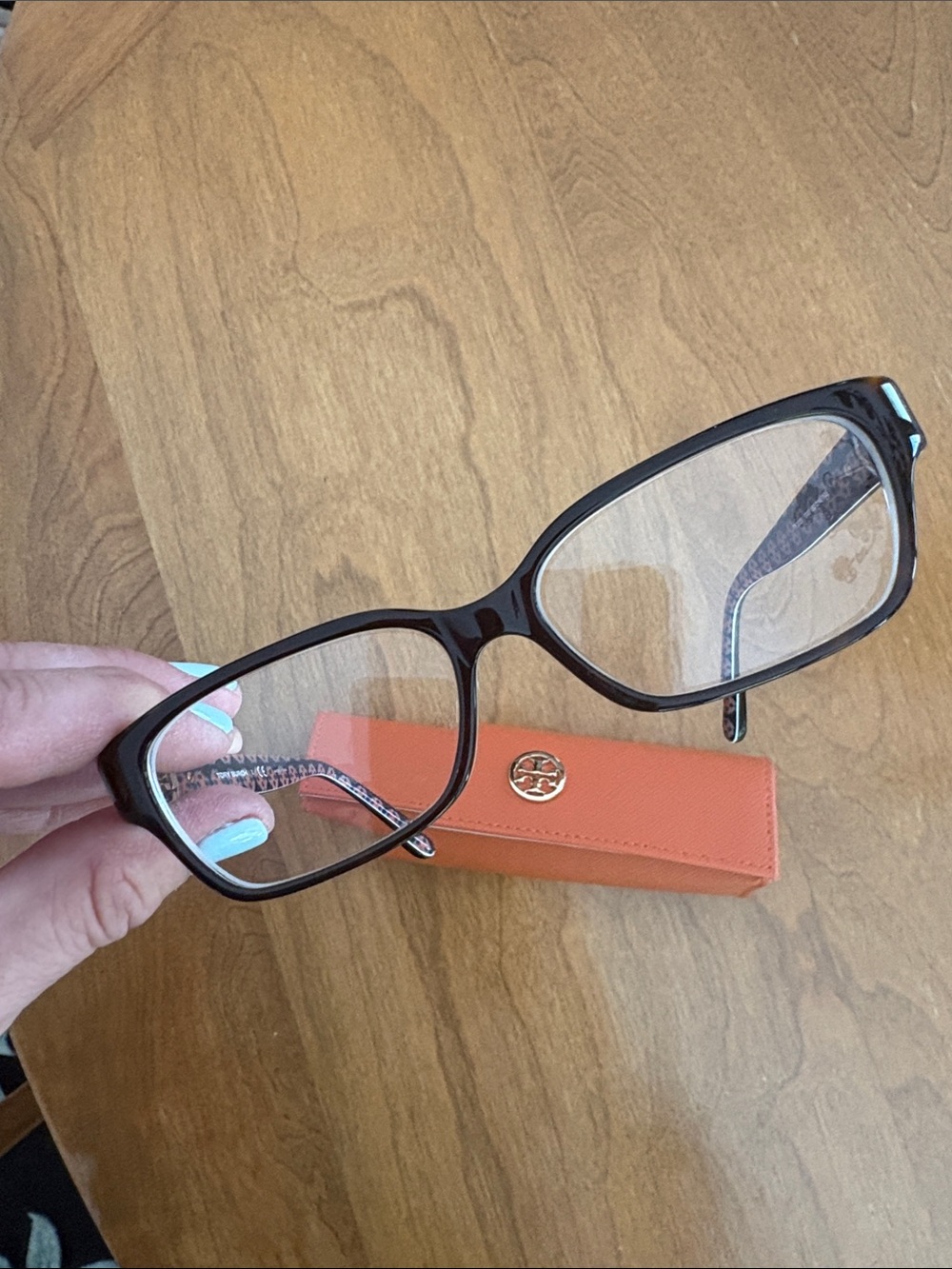 Tory Burch Black Rectangular Optical Glasses with Orange Case Accent